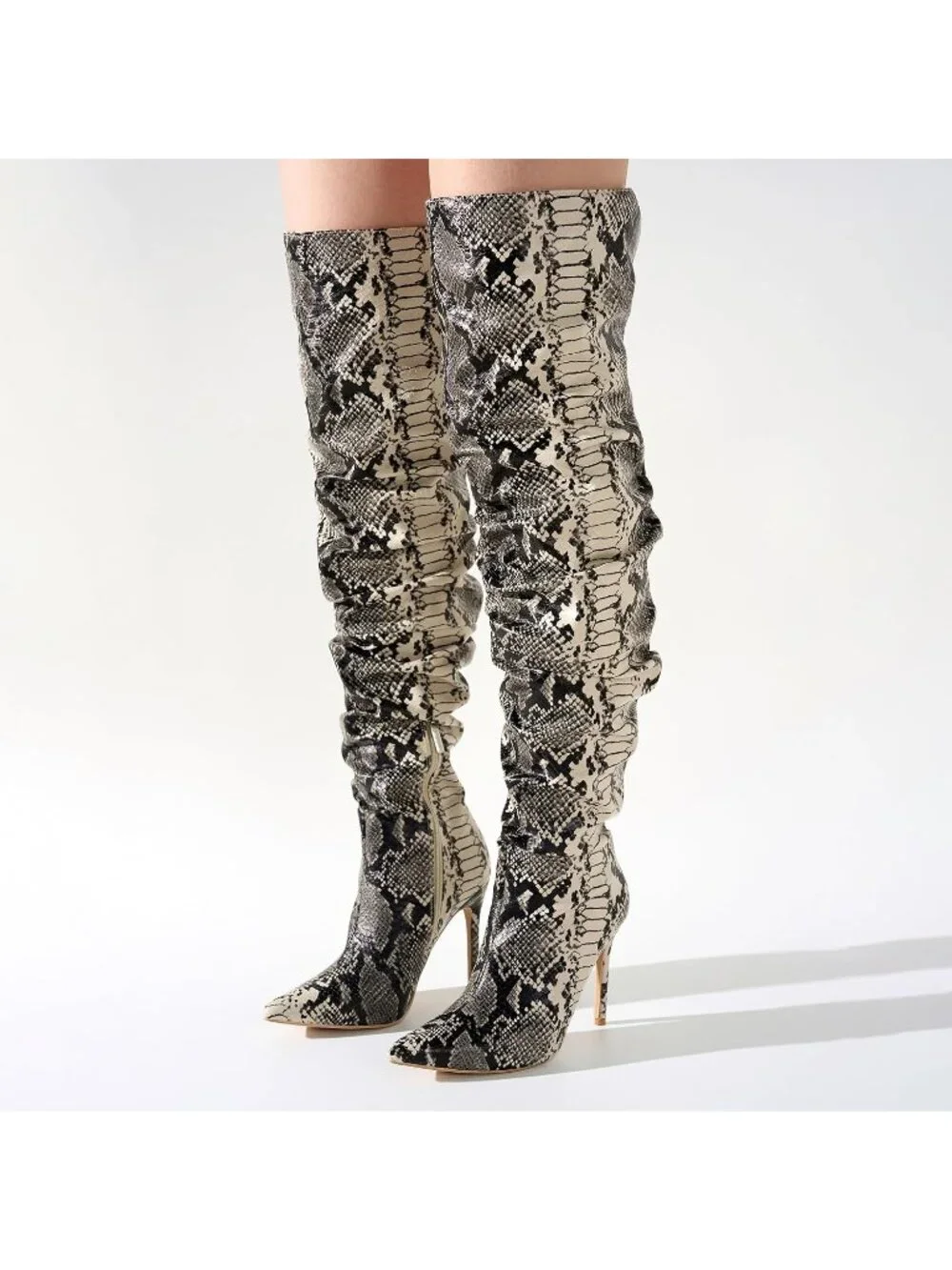 Women's Snake Pointed Toe Thigh High Stiletto Heels Slouchy Over-the-Knee Boots
